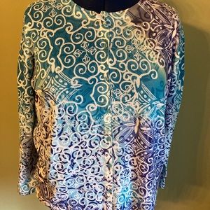 Crazy white, purple swirl on blue cardi w/ sparkle